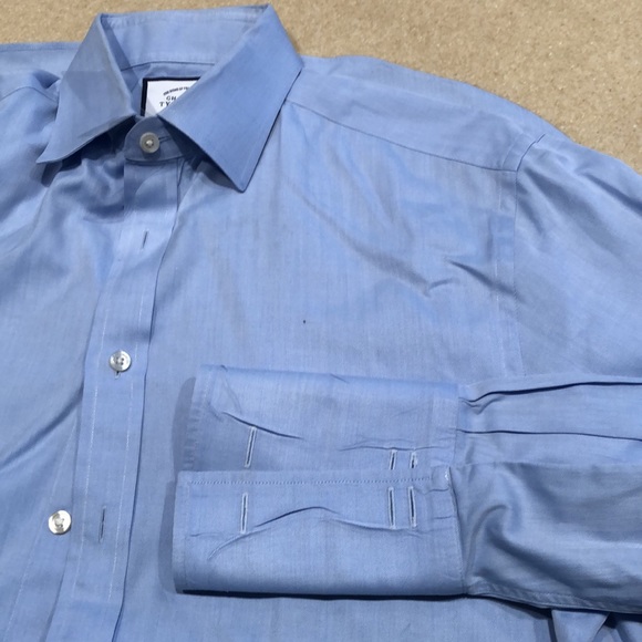 Charles Tyrwhitt Non-Iron Herringbone Cotton Button up Sky Blue Shirt - Picture 9 of 12